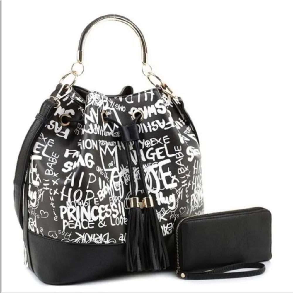 Graffiti print 2 way drawstring satchel wallet set